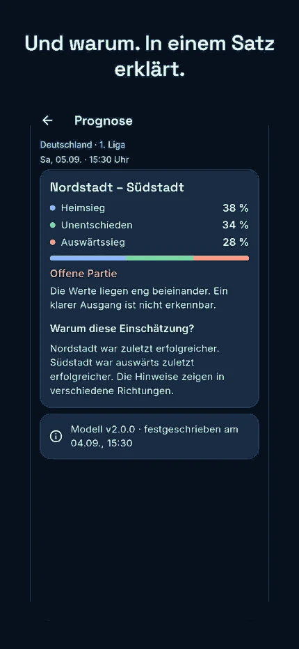 Und warum. In einem Satz erklärt. App-Ansicht: eine einzelne Partie mit der Begründung der Einschätzung im Fließtext.