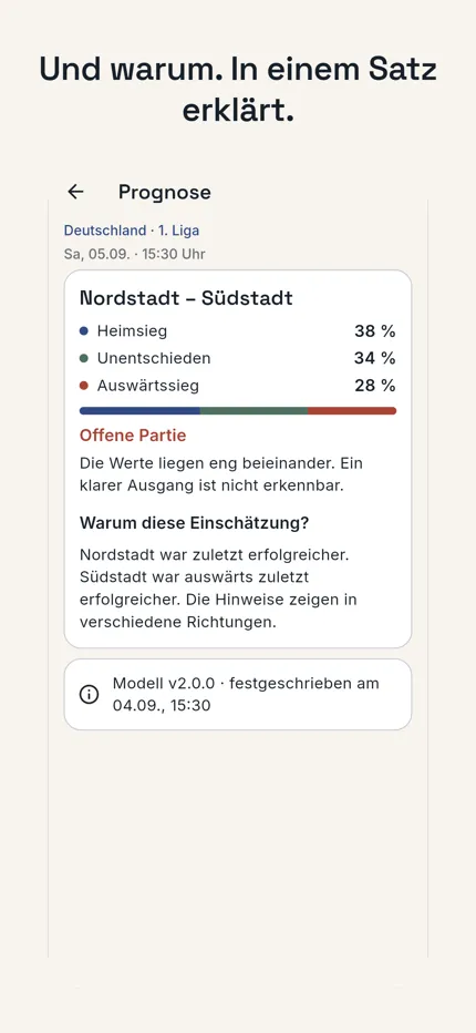 Und warum. In einem Satz erklärt. App-Ansicht: eine einzelne Partie mit der Begründung der Einschätzung im Fließtext.