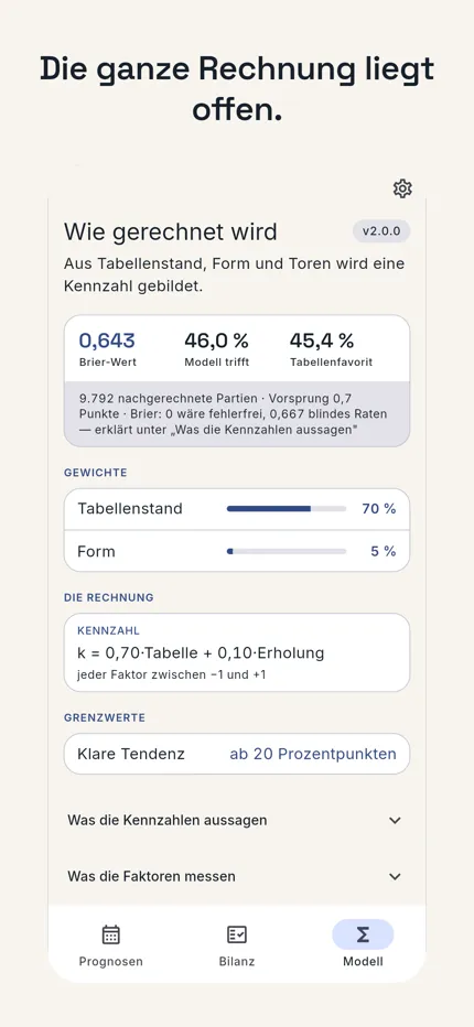 Die ganze Rechnung liegt offen. App-Ansicht: die Modellseite mit Gewichten, Formel und Grenzwerten.